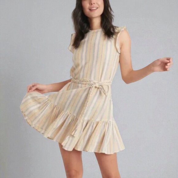 Marine Layer Flutter Sleeve Striped Dress With Ruffle Hem & Tie Waist - Size S - Picture 1 of 10